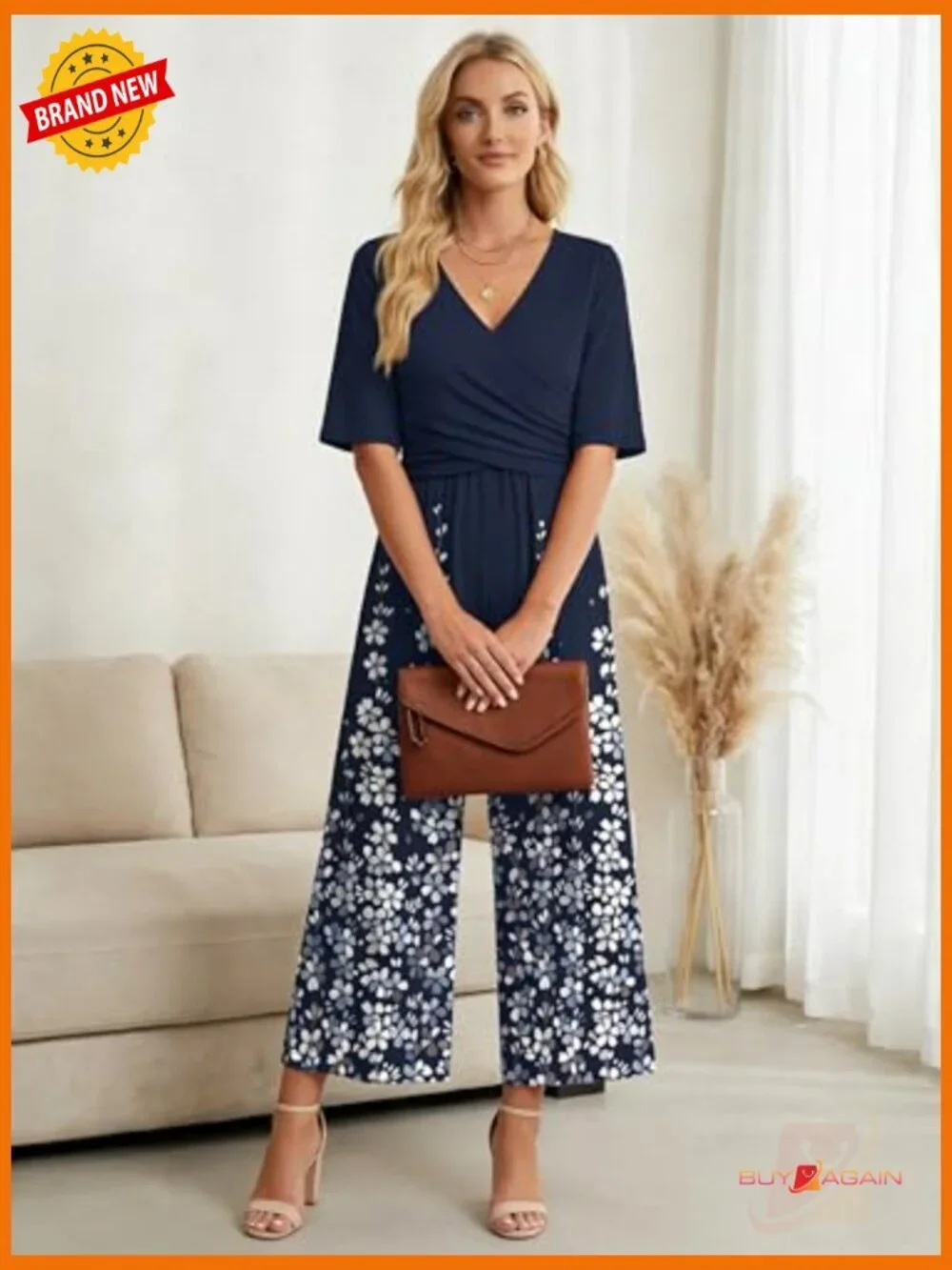Wrap V Neck Short Sleeve Wide Leg Jumpsuit with Pockets